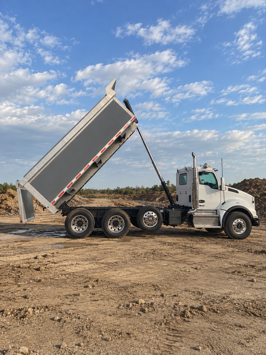Dump truck unloading at a worksite